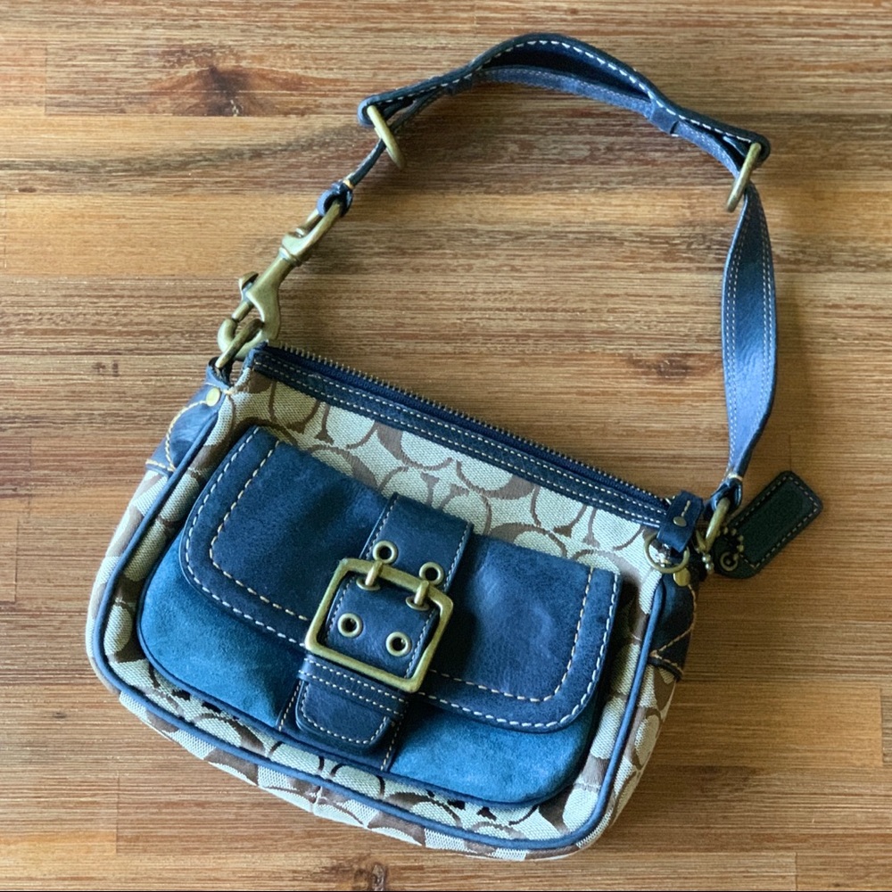 EUC🎉Coach Brown/Blue Suede Legacy Buckle Flap bag